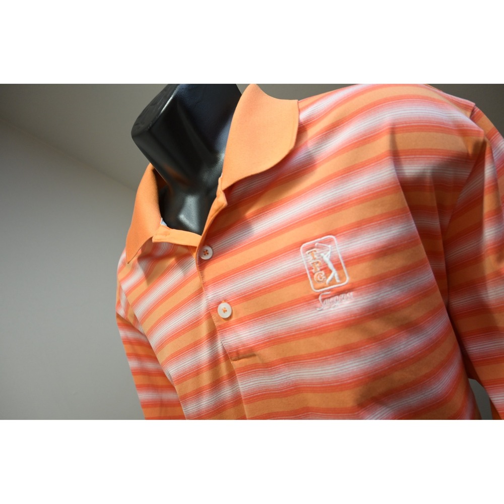 Adidas Golf Polo Mens Large Orange Striped TPC‎ Sawgrass ClimaCool Excellent